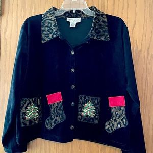 BELLEPOINTE black velvet Holiday jacket. Woman’s M. Fun design. Leopard detail.
